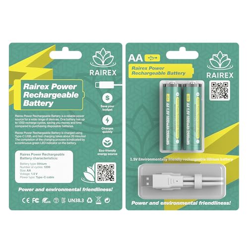 RAIREX Batterie Ricaricabili AA 1.5V USB-C | Confezione 2 Pezzi | 1200 Cicli Ricarica | Ricarica Veloce in 20 Min | Indicatore LED | Cavo Incluso | 1650mAh Alta Capacità