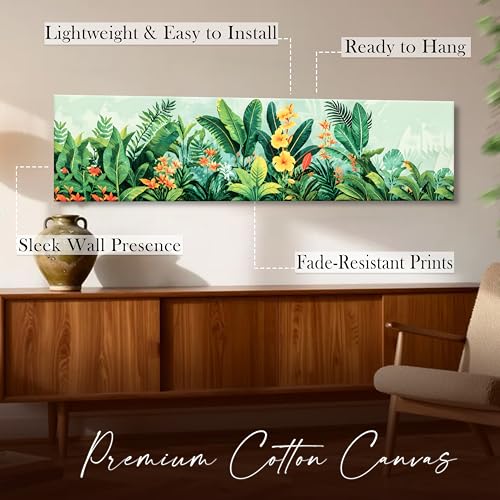 Image of Tropical Botanical Stretched Canvas Wall Art Painting for Living Room, Horizontal Jungle Canvas Wall Decor For Livingroom, Bedroom, Office, Hallway's, Hotel 12x46 Inch