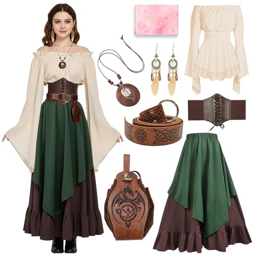 Mittelalter Kleidung Damen Set, Renaissance Kostüm und Retro Off Shoulder Bluse mit Corsett, Gürteltasche, Halskette, Ohrringe, Victorian Bekleidung...