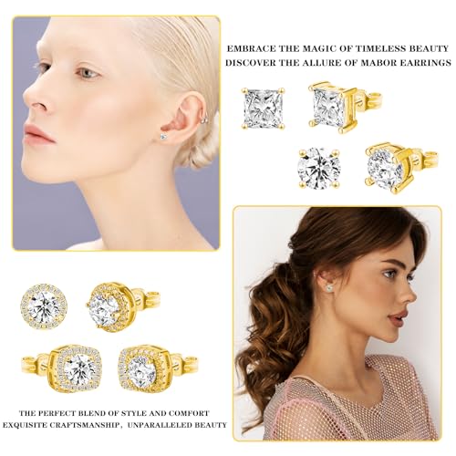 4 Pair Earrings Studs for Men Gold Cubic Zirconia, Ymapinc Surgical Steel CZ Studs Earrings for Men Women, 4 Models Round and Square Stud Teardrop Shapes3