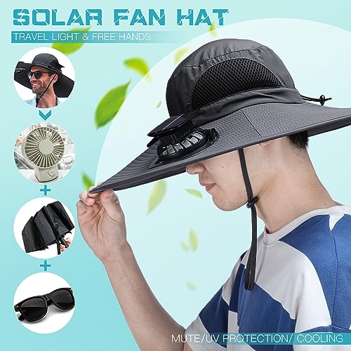 Berlune Men Sun Hat with 2 Solar Fan Fishing Hats Wide Brim Sun Hat for Outdoor Summer Camping Beach, USB & Solar Powered (Simple Style) Dark Gray