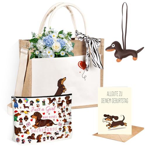 YEJIKJ Geburtstag Dackel Geschenkset für Dackelliebhaber Canvas Tragetasche mit Dackel-Motiv inkl. Lesezeichen Schlüsselanhänger & Karte für Erwachsene Frauen Männer