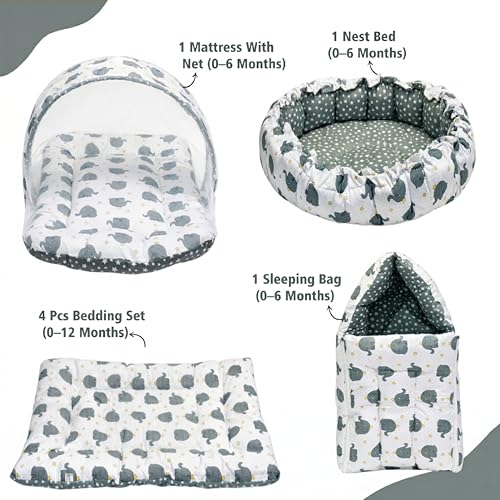 Image of Fareto Combo of Baby Nest | Net with Bed | Carry Bag | 4 Pcs Bedding Set(0-6 Months) (Fullset Nest) (Ele Gray)