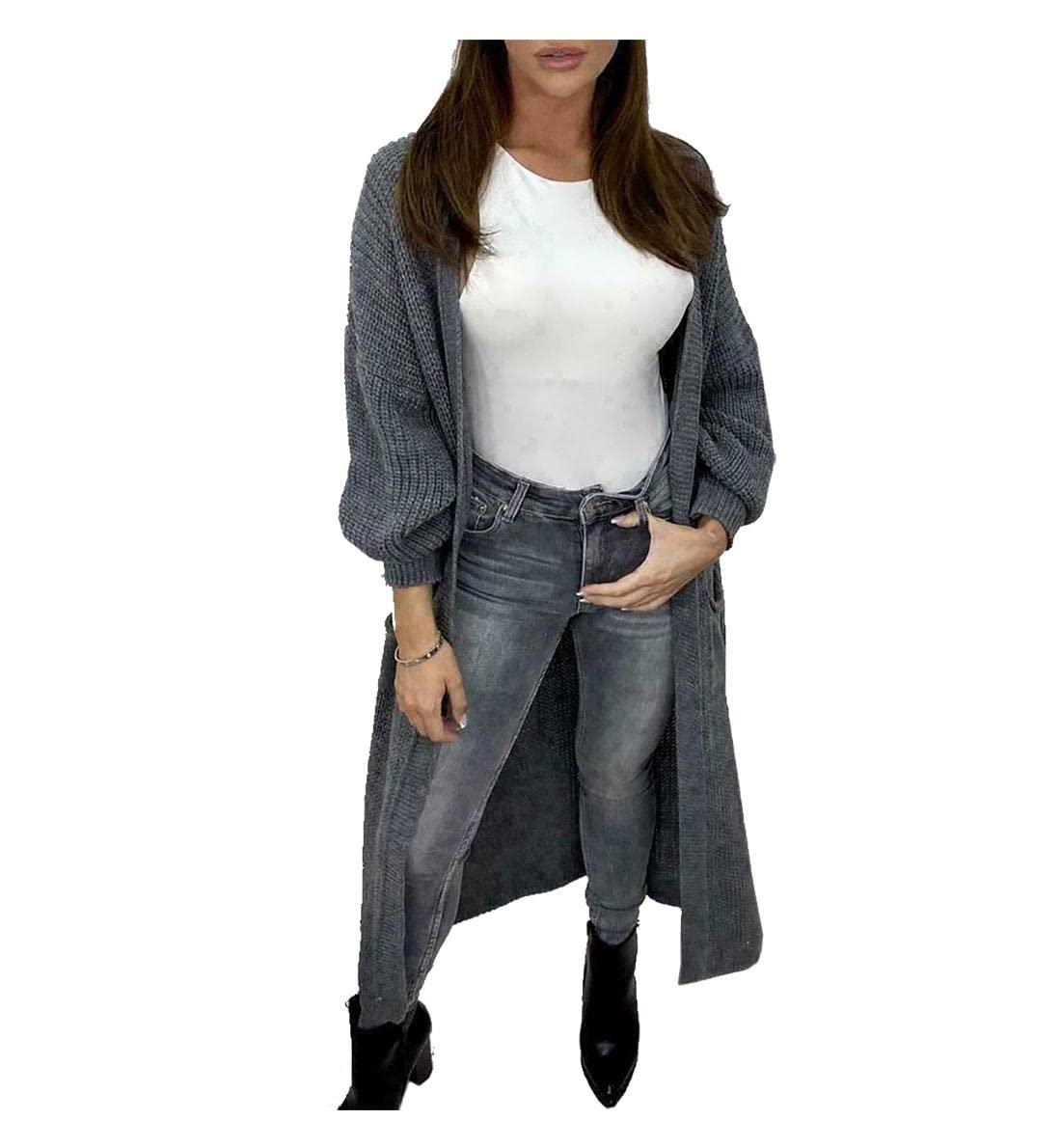 Fairy Trendz Ltd Women's Charcoal Open Front Chunky Knitted Cardigan Oversized Balloon Sleeve Jumper Top ( Uk 12-14)
