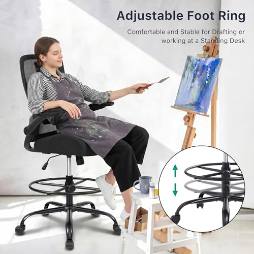 Image of HYLONE 400lbs Big and Tall Heavy Duty Drafting Chair 5 inch Thickened Seat Tall Office Chair Flip-Up Armrests Ergonomic Chair with Lumbar Support and Adjustable Footrest Ring Standing Desk Chair (Black)