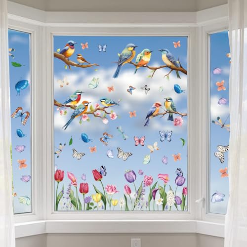 Fensterbilder Frühling, Vögel Blumen Schmetterlinge Frühling Fensterdeko, Fenstersticker Kinder Fenster Deko Selbstklebend Fensterfolie Wiederverwendbar