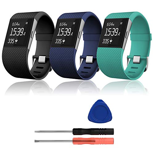 3 Pack - Smilego Replacement for Fitbit Surge Bands, Soft Silicone Breathable Adjustable Strap Wristband Watch Band with Metal Buckle Compatible with Fitbit Surge Smart Watch & Tool - Small