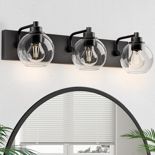 Image of Bathroom Light Fixtures-Matte Black Vanity Lights for Bathroom, Modern Black Vanity Lights 3-Light Bathrooms Lighting Fixtures Over Mirror with Clear Glass Shade