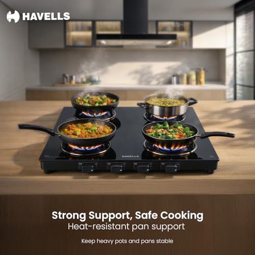 Image of Havells GEOSLIM Gas stove |4 Heavy Duty Forged Brass Burner|6 mm Toughened Glass|Premium Valves|Removable Drip Tray|Soft Touch Knobs|5 year Warranty on Burners, Glass & Valves by Havells (Black)