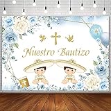 Picture of AIBIIN 7x5ft Mi Bautizo Backdrop for Twin Boys Nuestro Bautizo Baptism Christening First Holy Communion Gold Bless Party Decorations Blue White Floral Balloon Photography Background Photo Booth Props