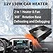 12V Car Heater That Plugs Into Cigarette Lighter, 150W Fast Heating Dashboard Heater for Car, 360° Rotatable Protable Defroster Demister for Vehicle
