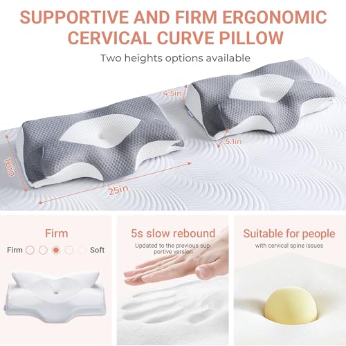 Elviros Cervical Memory Foam Pillow for Neck Pain Orthopedic Neck Pillow for Shoulder Pain Ergonomic Head Neck Support Pillow for Side/Back/Stomach Sleepers with Removable Cover (WHITE) - Image 2
