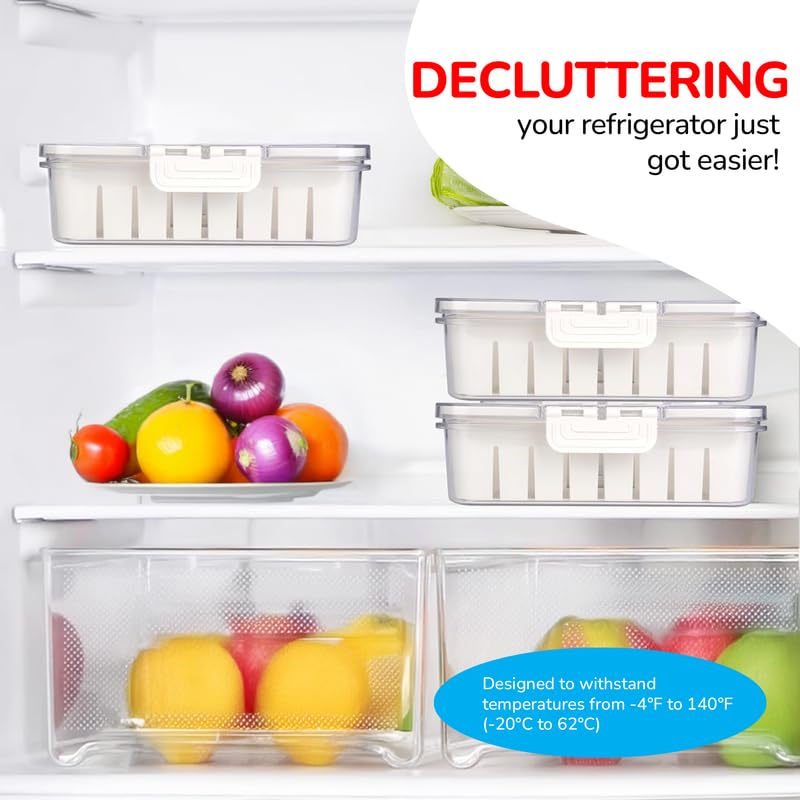 PRIME PICK Fresh Store Fridge Storage Container Airtight Food Drain Box with Removable Drain Plate Vegetable Fruit Crisper Divider Freezer Storage Organizer White 2