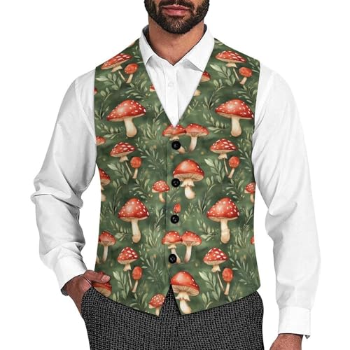Cute Mushrooms Suit Vest for Men Slim Fit Tuxedo Waistcoat Button Down V Neck Business Dress Coat
