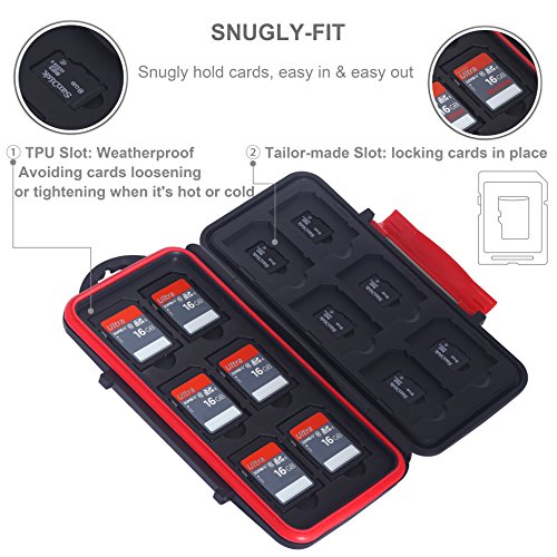 Skoloo SD Card Case, Waterproof Memory Card Holder, 12 SD Card Cases Storage + 12 Micro SD Card Holder for SDHC SDXC TF Card, 1 Pack Red