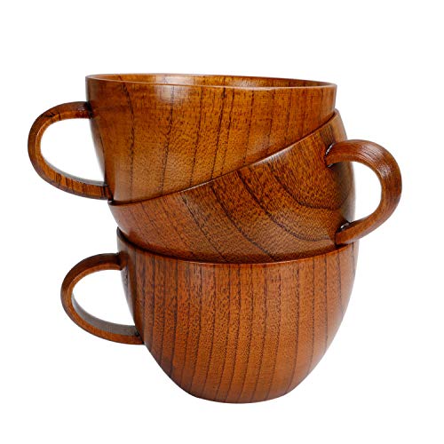 Oyl Giuggiola legno grandi tazze di caffè, giapponese in legno naturale artigianale ciotole per zuppa, tazze di birra con manico, scald-proof, sano ed eco-friendly,400 ml, Marrone, 400 ml