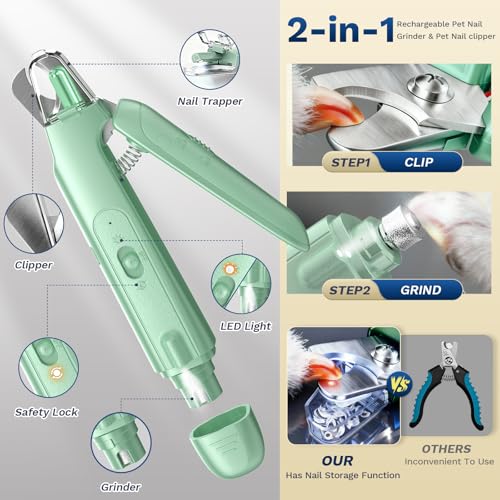Image of 2-in-1 Dog & Cat Nail Clipper with Grinder - Dual Highlight LED Reduce Over-Trimming, Long Battery Cordless USB-C Rechargeable, Safety Lock & Catcher Cap, Quiet Home Grooming for Small Large Pets