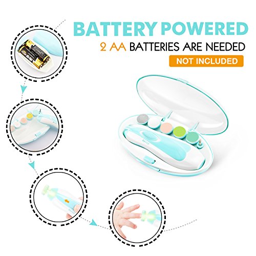 Zooawa Baby Nail File, Safe Electric Nail File Grooming Tools Nail Clippers Kit Trimmer Manicure Set for Newborn Toddler Toes Fingernails Care, with LED Light, AA Battery Operated, Light Blue