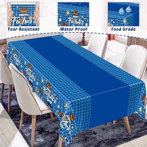 Image of QZYL 3Pcs Fathers Day Decorations, 108 inch X 54 inch Happy Father's Day Tablecloth, Disposable Blue Plastic Tablecloth, Rectangle Tie Hat Man Beard Father's Tablecloth for Dad Party Home Dinner Decor