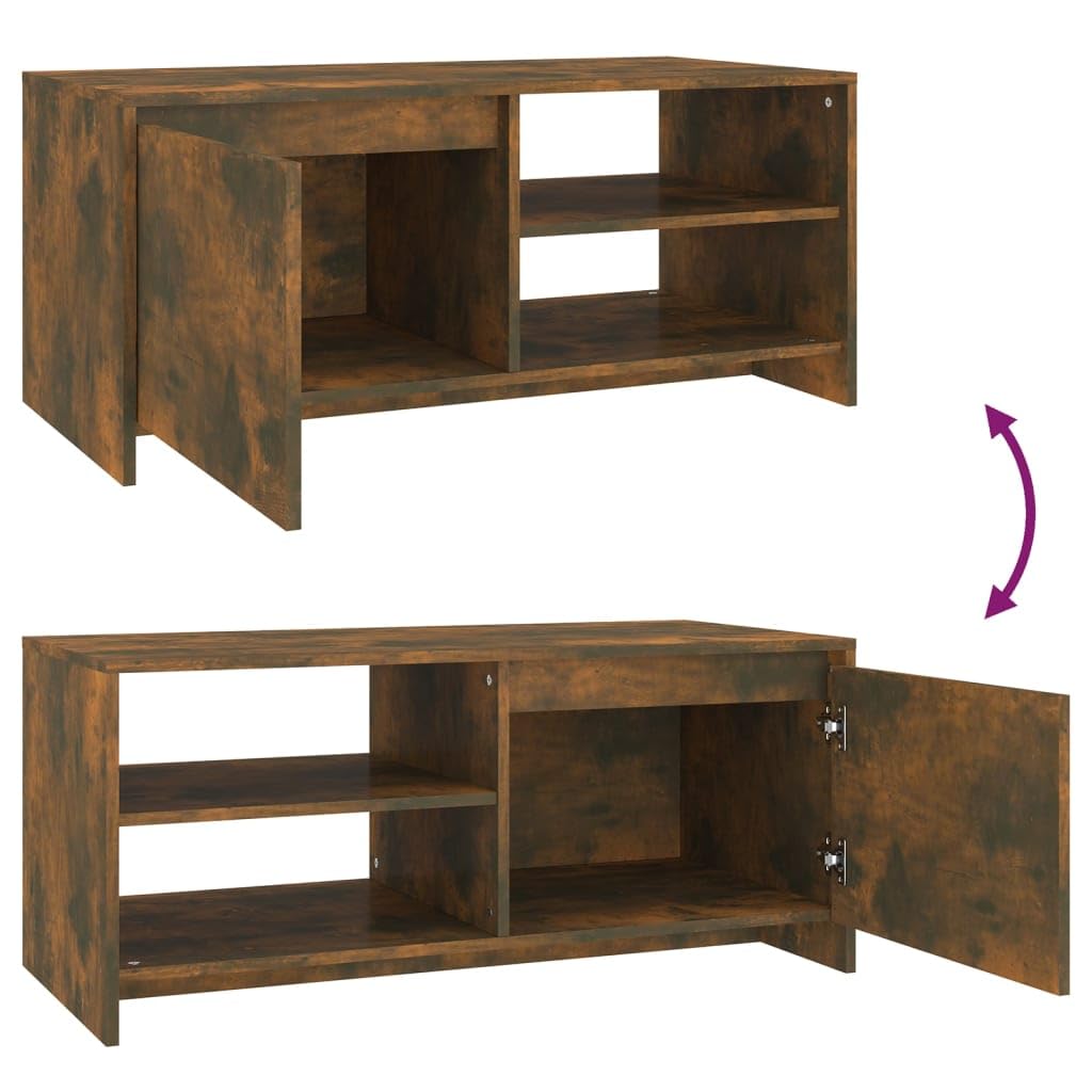 Mesa de centro de roble ahumado, 102 x 50 x 45 cm, de material de madera, moderna mesa de salón con espacio de almacenamiento, estantes, puerta, duradera, fácil de limpiar, ideal para salón