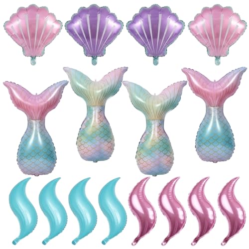 16Pcs Mermaid Balloons Little Mermaid Balloons with Seashell Balloons and Mermaid Tail Balloon Mermaid Foil Balloons Set in Pink Blue Gradient Colors for Party Decorations