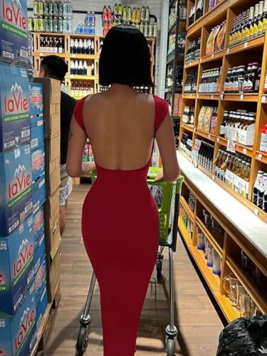 Image of AYWA Womens Sexy Backless Maxi Dress Casual Bodycon Boat Neck Short Sleeve Party Club Long Dresses