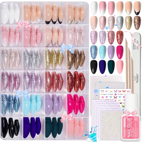 Beetles Press on Nails Kit 720Pcs 24 Colors, Short Almond Press on Nail Glossy Matte Glitter with Nail Glue & Nail Tabs Stickers, Natural Fit Lightweight Fake Nails Kit Art for Women Girls