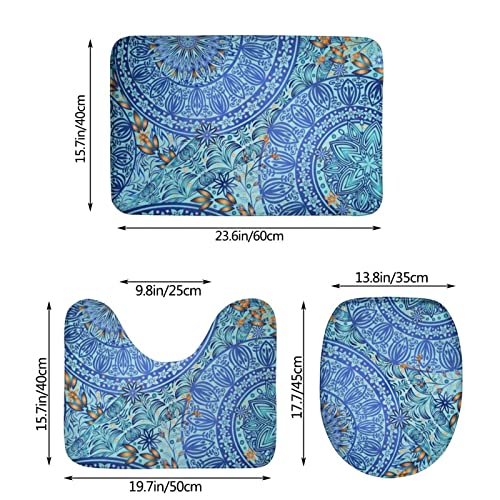 MBNGGAB Badematte + Konturmatte + Toilettendeckelbezug, Retro Blau Blumen 3 Stück Badematte Set, mit rutschfester Klebeunterseite – Bild 4