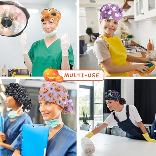 Image of 6 Pcs Scrub Caps for Women Doctor Nursing Hats with Buttons Adjustable Tie Back Working Cap Bouffant Scrub Hats for Women Men