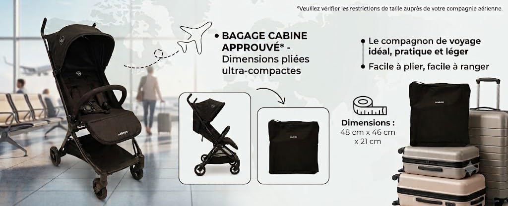 Nania, Poussette Ultra-Compacte, Babyjet (0 à 15 kg) Homologuée Cabine Avion, Légère 4,5 kg, Dossier Inclinable, Pare-Soleil Réglable, Sac de Transport Inclus