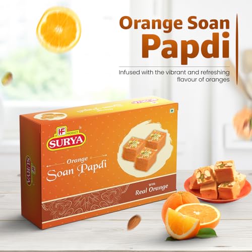 Image of HF, Surya Orange Soan Papdi- 400g | No Added Preservatives or Colours | Made with Fresh Besan, Almond & Pistachio Garnish, Melt-in-Mouth Mithai Box