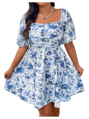 WDIRARA Women's Plus Size Floral Bubble Puff Sleeve Dress Square Neck Holiday A Line Short Dresses
