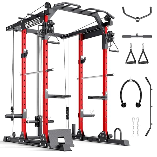 YOLEO Smooth Pulley System Power Cage, Adjustable Cable Crossover Power Rack, Multi-Functional Cable Machine for Home Gym (Power Cage + 827LBS Weight Bench)