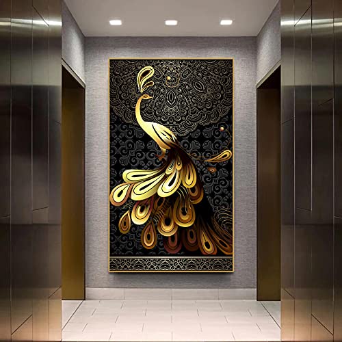 Tableau paon noir et or 50x90 cm moderne sans cadre pour salon - 2