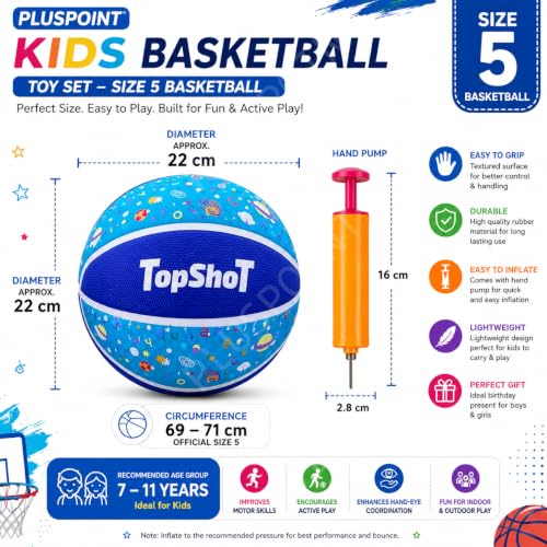 Image of PLUSPOINT Kids Basketball with Air Pump | Colorful Printed Rubber Basketball for Indoor & Outdoor Play | Training Sports Ball for Kids | Easy Grip Recreational Basketball