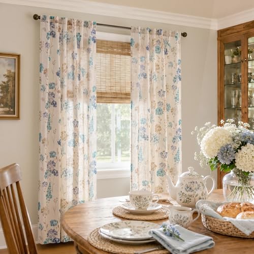 Image of jinchan Floral Linen Curtains 84 Inch Vintage Cottagecore Back Tab 2 Panels