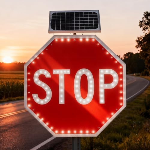 31"x31" Solar-Powered LED Stop Sign with Flashing Lights & Easy U-Clamp Installation - Ideal for Streets, Crosswalks, & Parking Lots - Enhanced Visibility & Safety