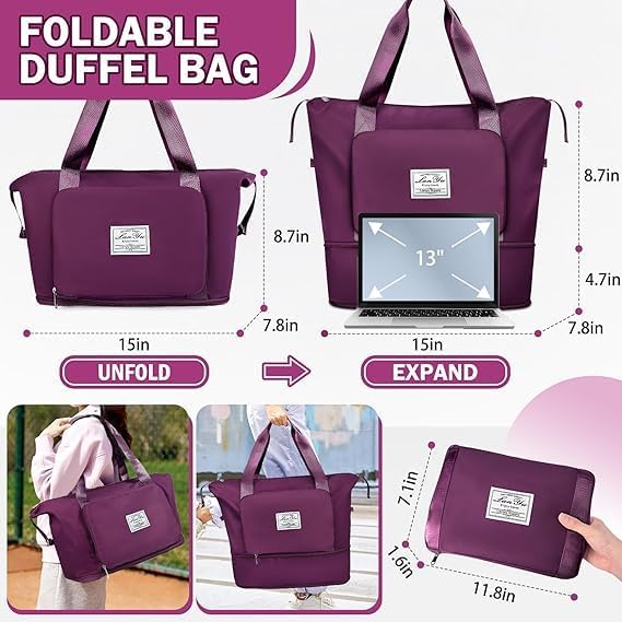Image of JD Fresh 41 Liter Foldable Travel Bags for Women /Nylon Duffle Bags /Expandable Vanity Travelling Luggage Handbags /Waterproof & Lightweight Shopping Bag for Personal Items (Dark Purple)