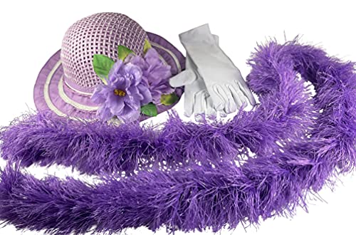 Girls Tea Party Hat Dress Up with Boa and White Gloves - Purple