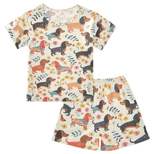 ALAZA Dachshund Puppy Dog Blossom Pajamas Set Short Sleeve Cotton Sleepwear Summer Pjs 2 Piece 5-14Y
