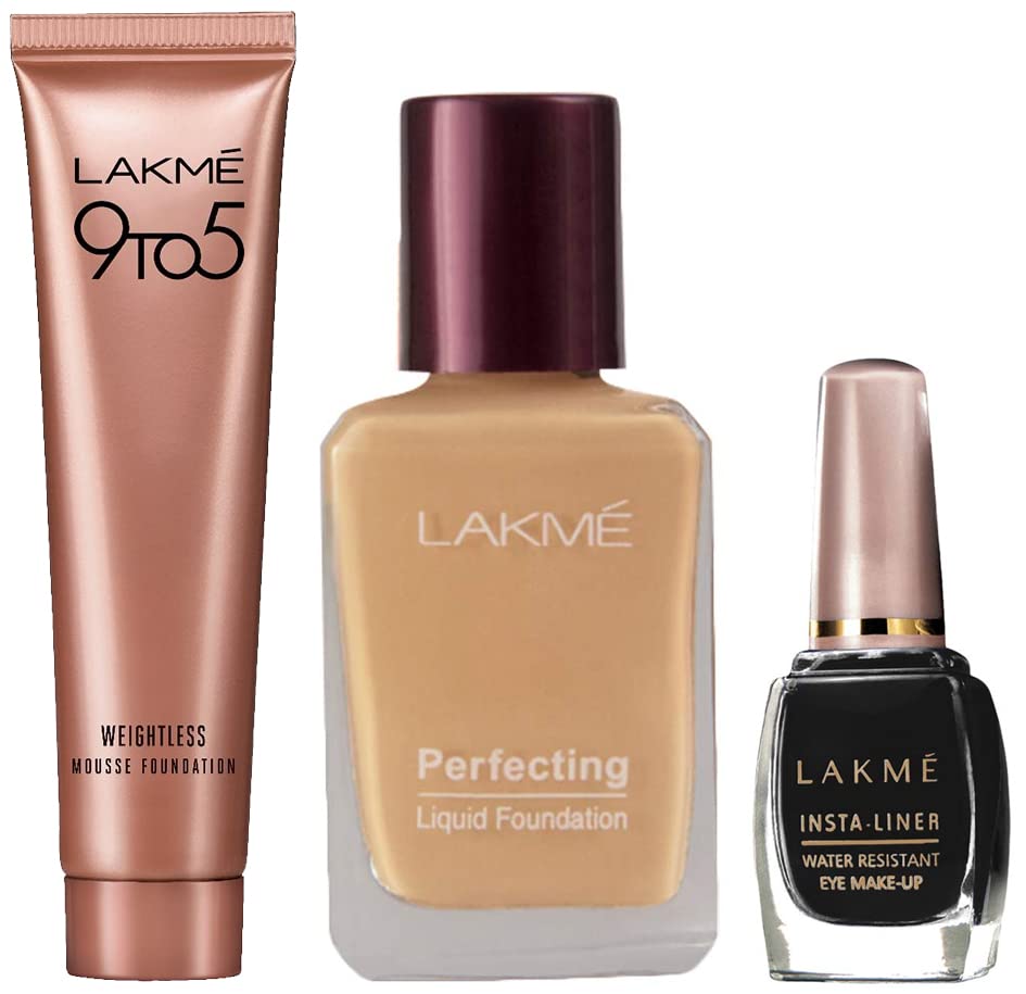 Image of LAKME Insta Matte Finish Eye Liner, Black, 9Ml & Perfecting Light Coverage Liquid Foundation For All Skins,Pearl,Long Lasting,Waterproof,27Ml&9 To 5 Weightless Mousse Foundation,Rose Ivory,6G,3 Count
