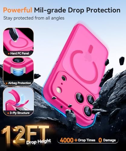 CANSHN Magnetic for iPhone 17 Pro Max Case, [Full Camera Protection] [Translucent Matte] [Compatible with Magsafe] Shockproof Protective Phone Case for iPhone 17 Pro Max - Hot Pink - 5