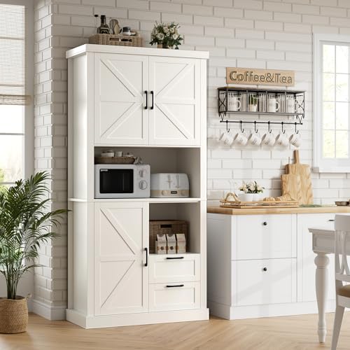 HOSTACK 76' Tall Farmhouse Kitchen Pantry Cabinet, Kitchen Hutch Bar Cabinet with Drawers & Shelves, Large Wood Storage Cabinets with Barn Doors & Microwave Stand, Cupboard for Dining Room, White