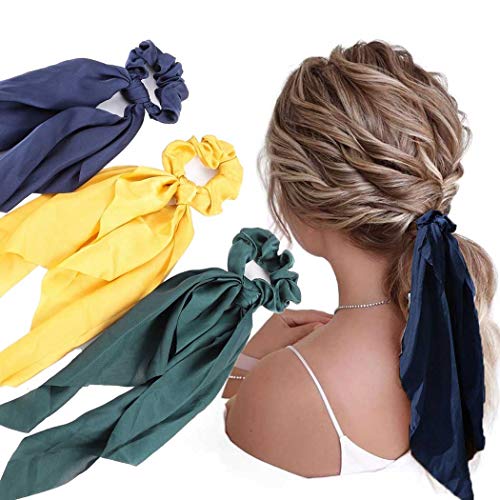 Aiyuan 3Pcs Silk Satin Hair Scarf Scrunchie Ribbon Bowknot Chiffon Hair Ties Elastic Hair Bands Ponytail Holders Solid Color Hair Scrunchie Scarf for Women and Girls