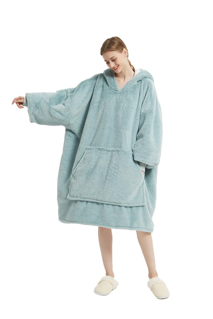 Lanqinglv Koc pod TV z rękawami i kieszenią na stopy, koc z kapturem, oversized, damski / męski sweter z kapturem, puszysty koc na sofę, ciemnoniebieski, koc polarowy Teddy Cashmere Touch