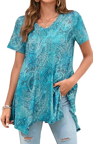 Enmain Tunique Femme Longue Grande Taille Ete Tunique de Femme à Manche Courte Col en V Blouse Ample Chic et élégant Haut de Été Plage,Vert,XXL