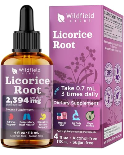 WILDFIELD HERBS 4 Oz Licorice Root Extract Liquid Drops - Digestive Lung & Skin Support | 2 Month Supply | - Made in USA - Licorice Root Supplement - Alcohol & Sugar Free