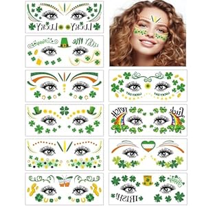 10 Pcs St Patricks Day Face Tattoos, Shamrock Tattoo Stickers, Irish Stickers Green Face Tattoo Kit, Saint Patricks Day Irish Parade Party Favors Body Decoration Make Up for Kids