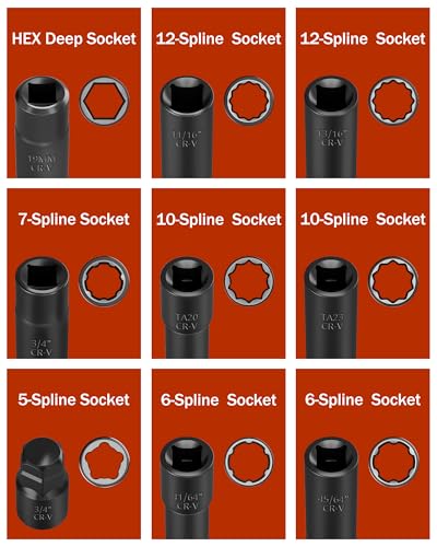 Image of 10-Piece Spline Lug Nut Socket Set, 1 /2 inch Drive for Spike Lug Nuts | Fits Aftermarket Lug Nuts with 5, 6, 7, 10, or 12 Splines; Includes 9 CR-V Steel Keys and a 3-Inch Extension
