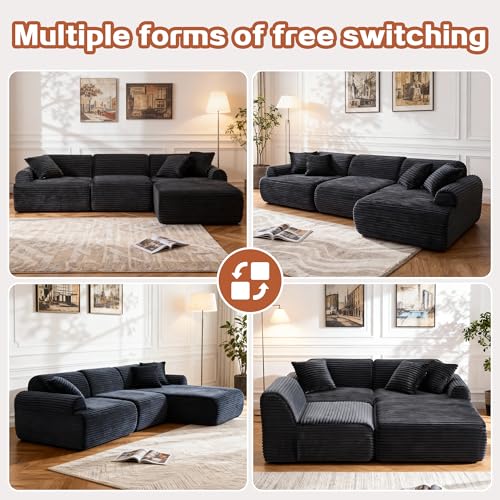 Image of KEIKI 2Seat Modular Boneless Sectional Corduroy Sofa Couch with Chaise for Urban Loft Bedroom Studio Family Friendly Urban Professionals Luxurious Elegant Sophisticated Quality Design Black